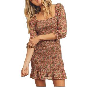 Bohme Pink and Green Bodycon Mini Dress with Puff Sleeves